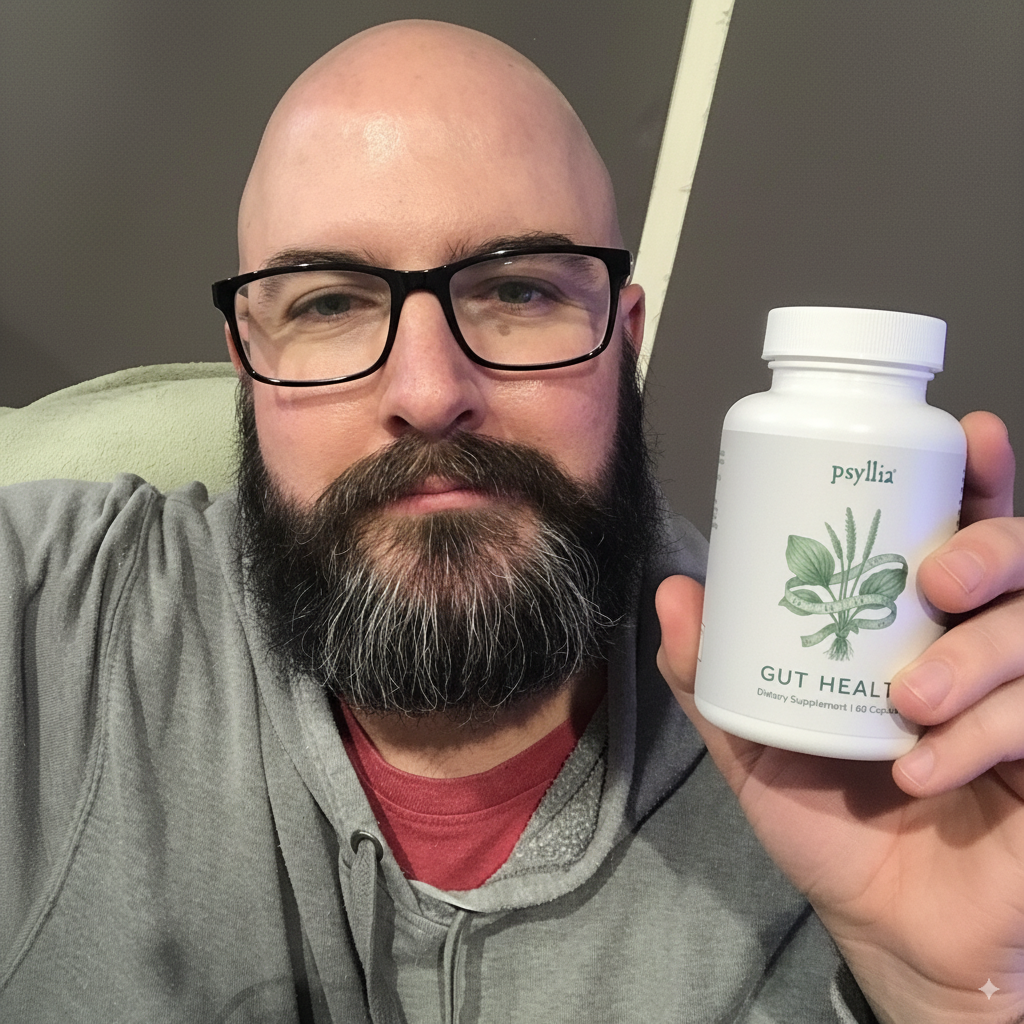 Robert at home holding his bottle of Psyllia