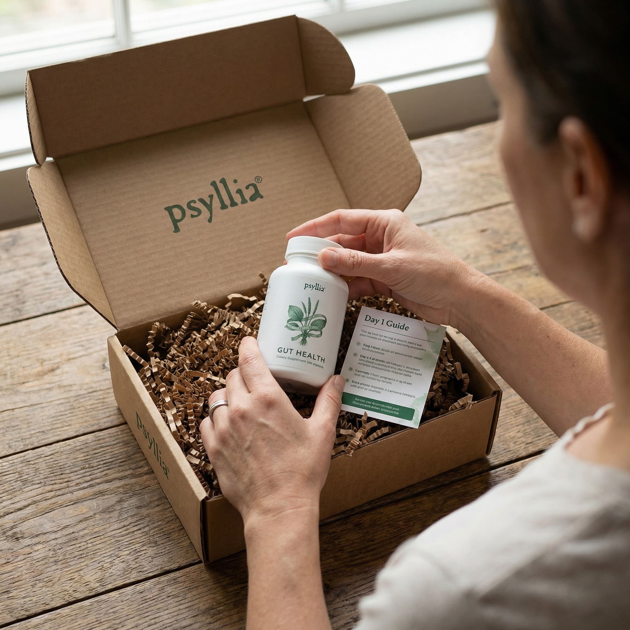 Customer opening her Psyllia delivery box, holding the bottle next to the included Day 1 Guide card