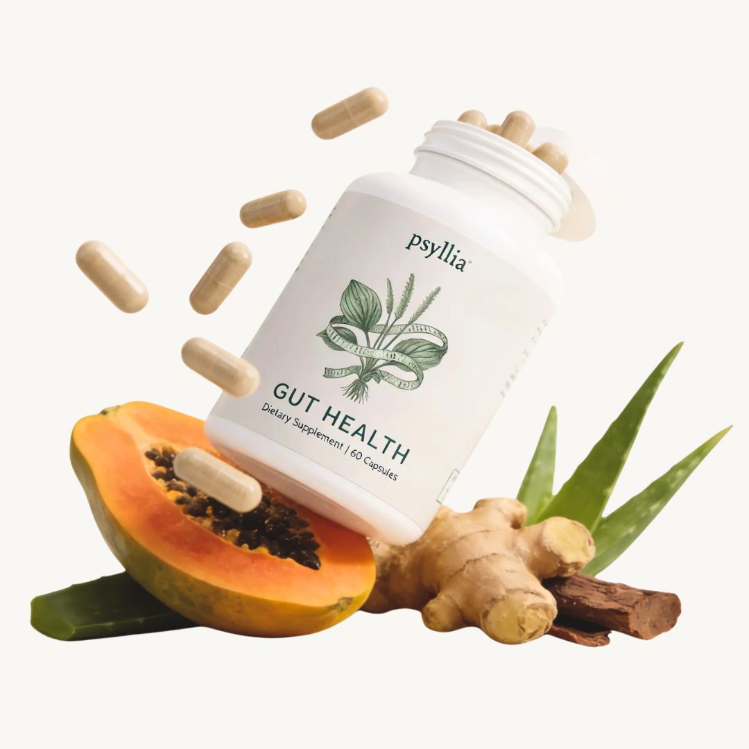 Psyllia Gut Health bottle with capsules, papaya, ginger, aloe, and licorice root
